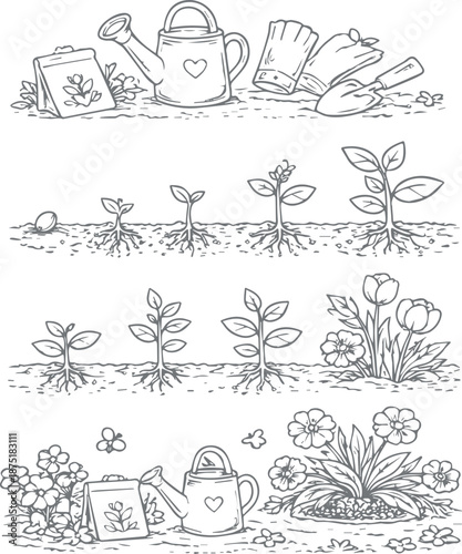 Black-and-white coloring page showing plant growth stages from seed to flower, with gardening tools and flowers, perfect for kids, education, and spring garden illustration.