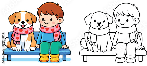 Sitting on a seat with matching heart scarves are a cute cartoon boy and a pet dog. A vector drawing for a coloring book page with a black and white outline