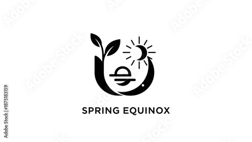 Spring equinox logo with sun moon and leaf on white background