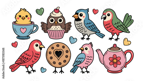 Whimsical Bird Characters: A collection of delightful bird characters, each exuding a unique charm, are playfully arranged alongside endearing accessories.