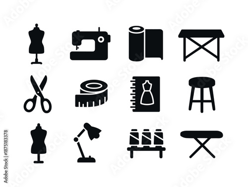 Fashion Studio Icons. Fashion studio. Solid icon set of fashion studio: mannequin, sewing machine, fabric roll, cutting table, scissors, measuring tape,
