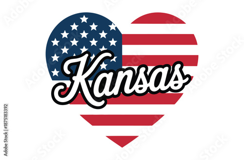 Heart-shaped american flag illustration with kansas cursive typography, patriotic red white blue design symbolizing love for state pride, usa heritage, and national identity artwork