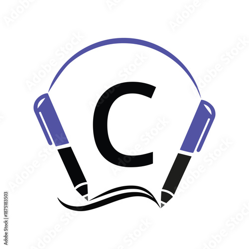 Education Logo On Letter C Template. Education On C Letter, Initial Pen Sign Concept