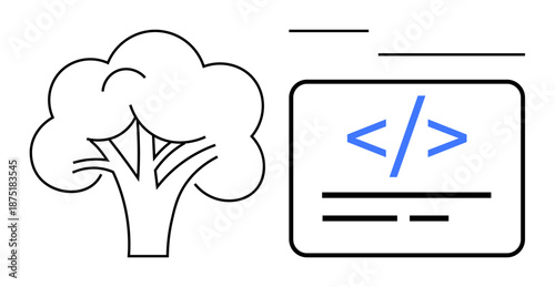 Sustainability, technology, nature conservation, environmental coding, digital ecology, programming interfaces. Minimalist tree and coding symbol in linear style. Sustainability and technology