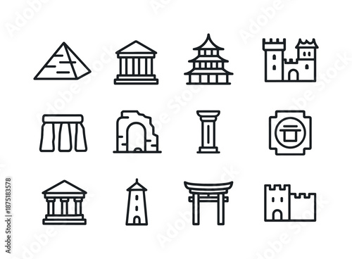 Cultural Heritage Icons. Cultural heritage sites. Line icon set of Cultural heritage sites: pyramid, temple, pagoda, castle, stone monument, ruins arch,