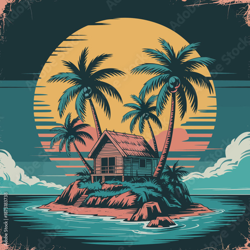 A vibrant illustration of a tropical island with palm trees and sunset, evoking feelings of serenity, relaxation, and the allure of vacation destinations.