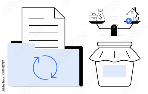 Data management concept. Data storage folder and synchronized documents paired with balance scales money and home. Data management for organization, finance, and budgeting. wealth, savings, home