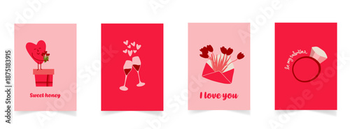 Collection de cartes de Saint-Valentin avec illustration. Modèle de flyer promotionnel, affiche, étiquette, publicité, espace pour texte. Message typographique moderne. Style tendance