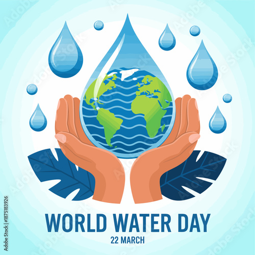 A thoughtful illustration highlighting Earth being cradled in hands, symbolizing care for nature, water conservation, and global awareness, enhanced by blue water droplets.