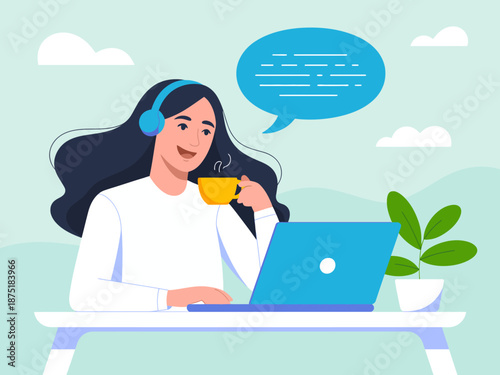 A cozy illustration of a woman enjoying a cup of coffee while working on her laptop, exuding a relaxed yet productive atmosphere for remote work.