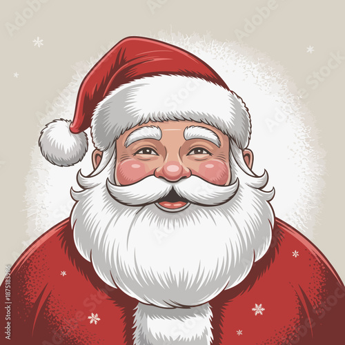 This illustrative portrait captures a cheerful Santa Claus with a fluffy beard and red suit, epitomizing the joyous spirit of Christmas and holiday celebrations.