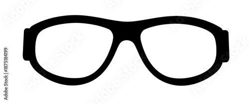 Black silhouette of eyeglasses is displayed against a white background. The shape is clear, with no details. The image is minimalistic and focuses on the eyeglasses only.