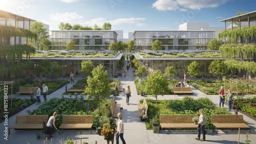 Modern Eco-Friendly Office Building with Lush Rooftop Gardens and Green Spaces.