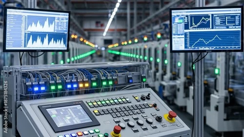 Modern Factory Control Panel with Digital Displays and Automated Machinery.