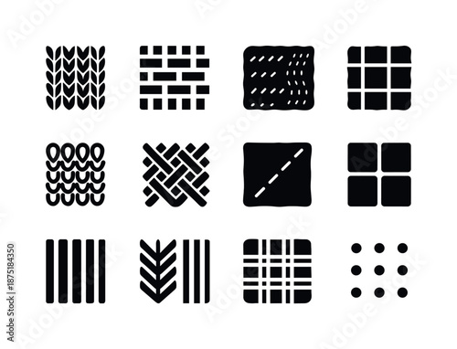 Fabric Texture Icons Grid. Fabric textures. Solid icon set of fabric textures: knit pattern, woven pattern, denim texture, linen grid, wool loops, mesh fabric,