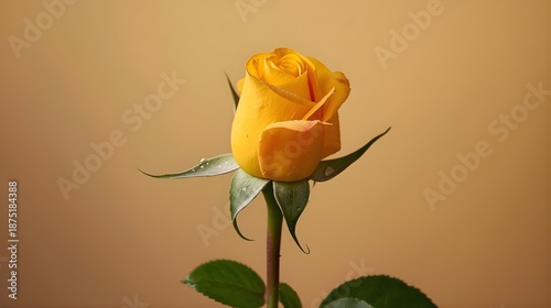 Yellow-Orange Rosebud Isolated on Soft Neutral Background, Elegant Floral Stock Photo