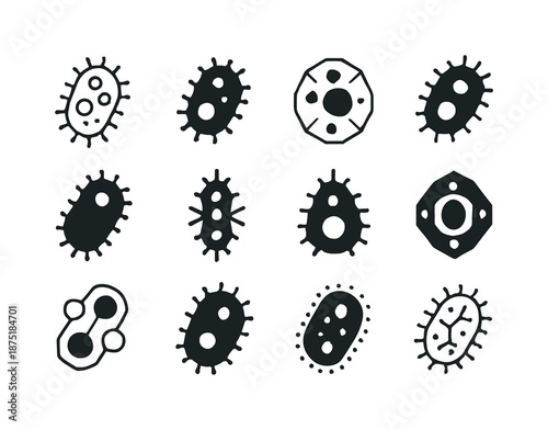 Microorganism Logo Variations. Microorganism. Icon set. Set Logo of Microorganism: single-celled organism. harmonious logo variations of the same emblematic