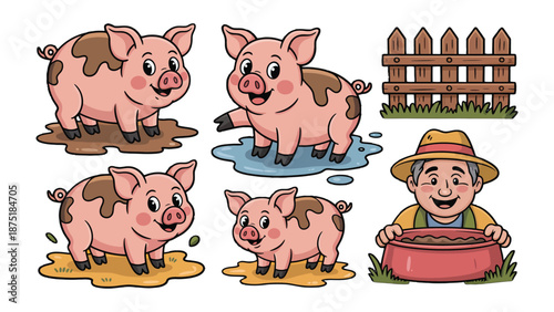 Cartoon Piglets and Farmer: A cheerful cartoon illustration featuring playful piglets reveling in mud, alongside a smiling farmer. Perfect for educational materials and children's content.