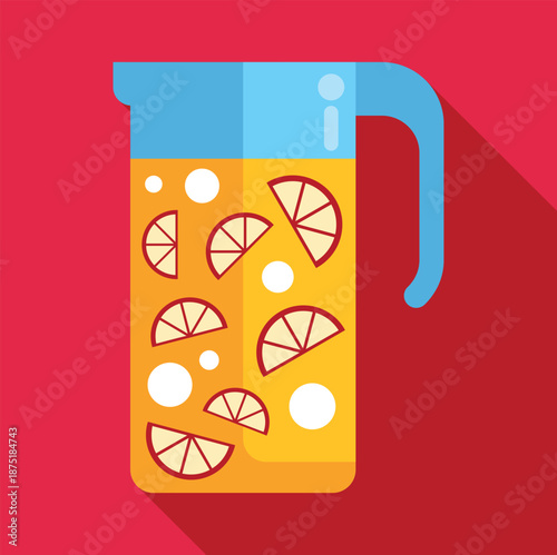 Pitcher containing a summer beverage with fruit slices and bubbles in a flat design style