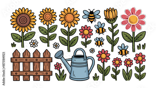 Blooming Garden: A vibrant illustration showcases an array of cheerful sunflowers, delicate wildflowers, and buzzing bees, along with a watering can and a picket fence.