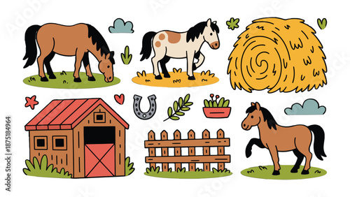  Farmyard illustration: A delightful illustration showcases a charming farm scene, featuring a variety of elements such as horses, a haystack, a barn, and a fence.
