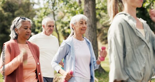 Bild auf Leinwand Dumbbell, health and class with old woman in park for learning, walking march and fitness club
