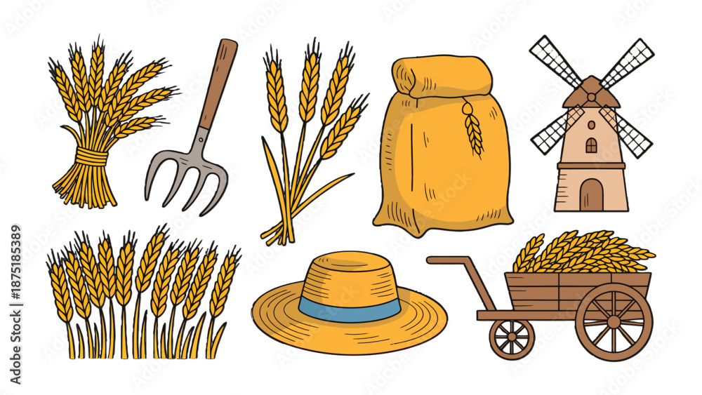 Αυτοκόλλητο Harvest Bounty: A vibrant collection of golden wheat, farm tools, and a traditional windmill creates a picturesque scene of agricultural abundance