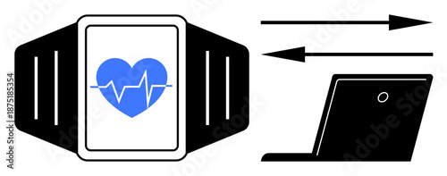 Health tracking, telemedicine, wearable devices, data synchronization, fitness monitoring, digital health. Black smartwatch with a heart symbol and pulse line, arrows pointing to a laptop. Health
