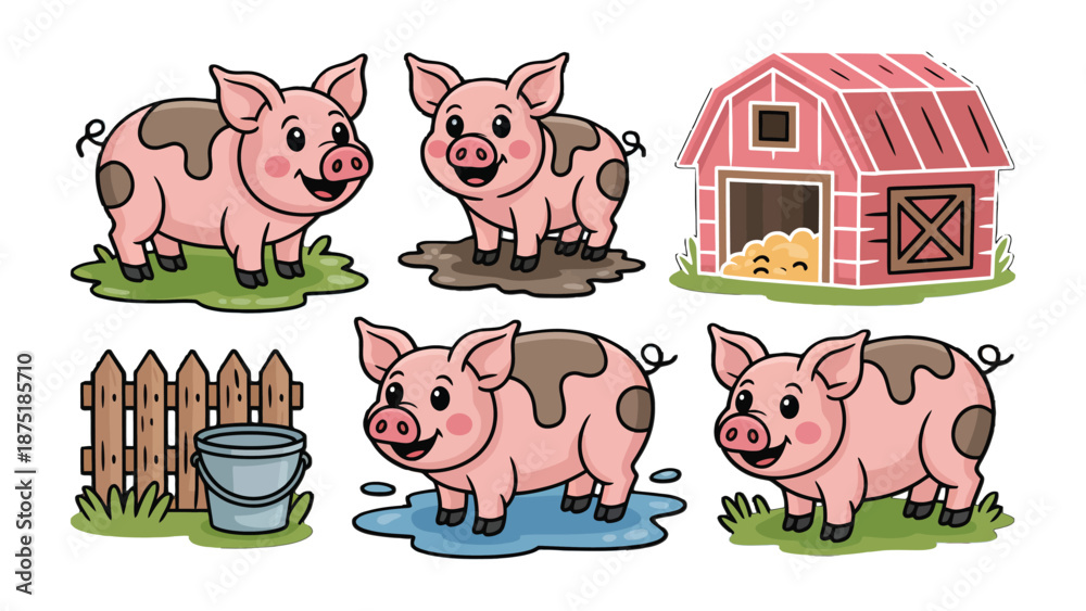 Φωτογραφία Joyful Pigs in the Farm: A charming illustration depicts playful pigs reveling in a barnyard scene, with mud, bucket, and fence adding to the idyllic farm life