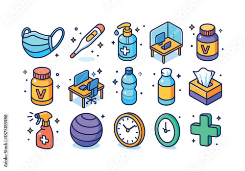 Employee Health Icons. Employee health. Colorful isometric vector icons set of employee health: face mask, thermometer, sanitizer, desk shield, vitamin bottle,