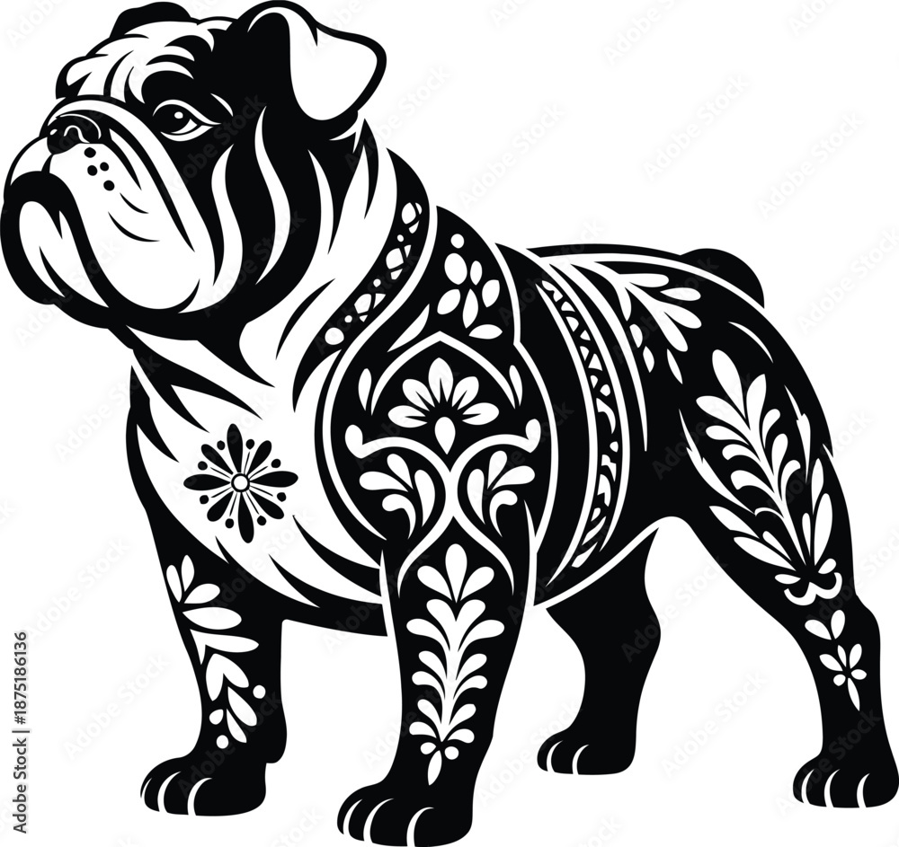 Obraz premium Black and white bulldog with intricate floral patterns on its body