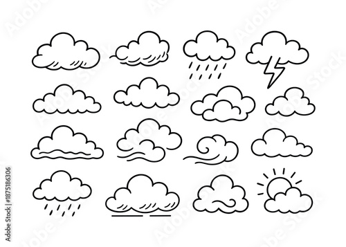 Doodle Cloud Illustrations. Clouds. Hand-drawn doodle illustration Clouds drifting puff, sky swirl, mist waves, raindrops, lightning flash, cloud trio, soft