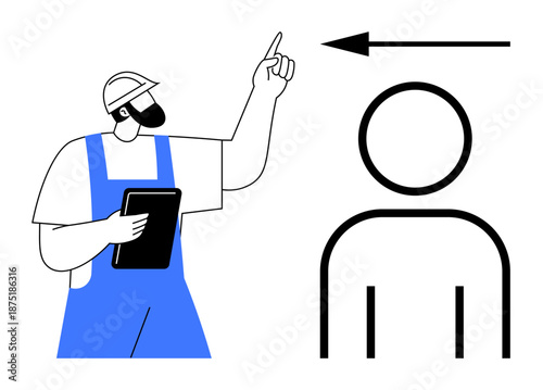 Safety concept. Worker pointing to indicate direction, enhancing workplace safety. Safety measures for proper workflow and compliance. Great for construction, training, safety protocols, manuals