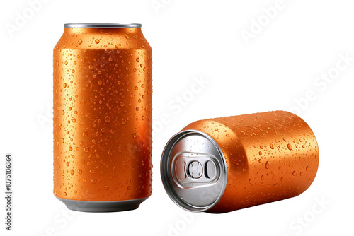 Two orange soda cans with condensation, isolated on transparent background