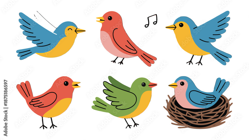 Fototapeta premium Harmonious Flutter: An illustration of a gathering of vibrant birds, each displaying unique plumage and personality, conveying a sense of serenity and charm. 