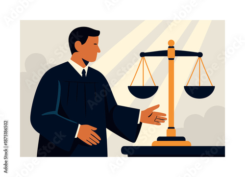 Judge with Balanced Scales. Legal authority. A judge in traditional robes extends a hand toward balanced scales, soft rays highlighting fairness and order.