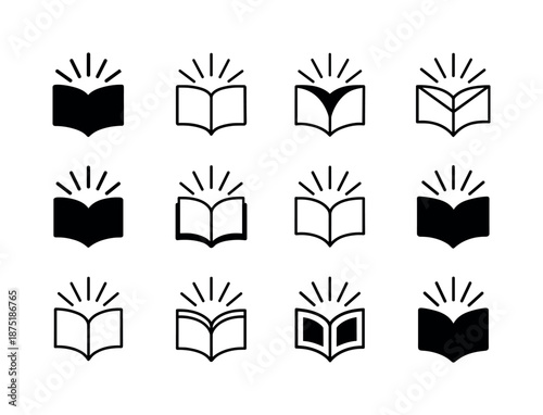 Catholic Emblem Variations. Catholic Mission Work. Icon set. Set Logo of Catholic Mission Work: open Bible with rays. harmonious logo variations of the same