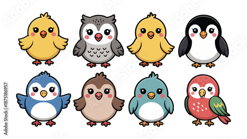 Cute Birds Illustrations: An adorable collection of cartoon birds, each with unique features and charm, ready to bring joy to any project.