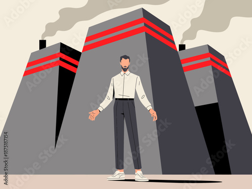 This striking illustration features a man standing confidently in front of an industrial landscape, symbolizing the themes of progress, industry, and social impact in a modern era.