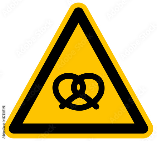 Señal de advertencia con icono de pretzel alemán vector sobre fondo amarillo para gastronomía tradicional europea panadería snack salado y alimentación artesanal diseño de icono