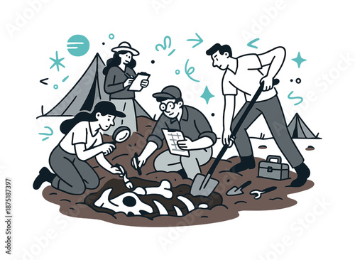 Fossil Discovery Scene. Field excavation. Researchers dig around large fossil bones emerging from the ground, documenting and measuring. Tents and tools frame