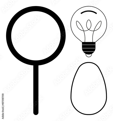 Search, innovation, energy, investigation, creativity, minimalism. Magnifying glass, light bulb and oval shapes in black and white. Search and innovation conveyed with minimalist design