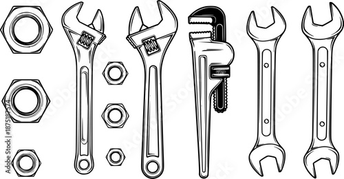 Adjustable wrench and pipe wrench vector set with nuts and spanner tools for mechanical and plumbing repairs
