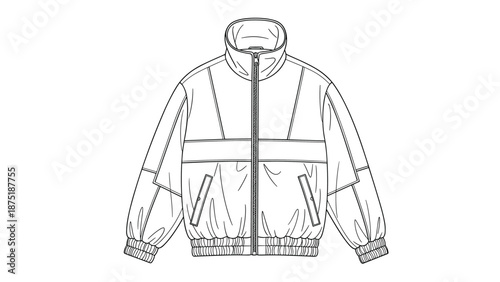 Technical fashion flat sketch of a unisex oversized track jacket with a zip-up front, high collar, and elasticated cuffs.