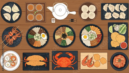 Top-down view of a wooden table laden with a delicious assortment of traditional Korean dishes, a true feast of Asian cuisine.