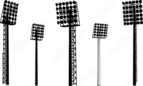 Stadium light pole silhouette set, floodlight vector illustration, sports field illumination design, outdoor arena lighting system, electricity infrastructure drawing, engineering lamp collection See 