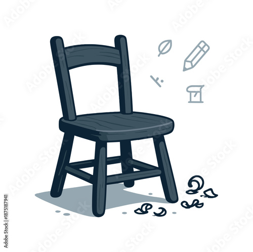 Rustic Carpenter's Chair. Handcrafted chair. A carpenter?s rustic chair rests near scattered wood chips, smooth curves showing artisan workmanship. Subtle