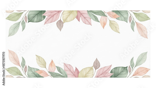 Pale leaves   botanical design banner. Floral pastel watercolor border frame.