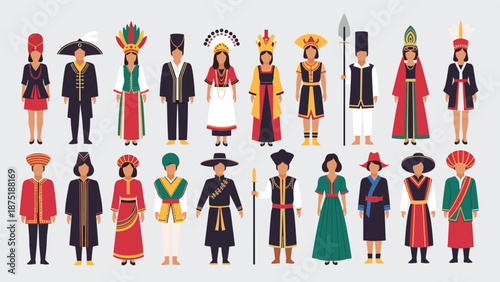 Large multicultural collection of people from around the world wearing diverse traditional and historical national costumes.
