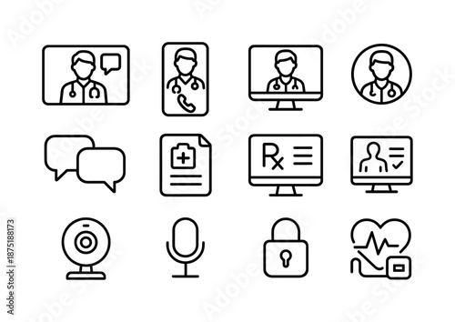 Telehealth Icon Set. Telehealth consultation. Line icon set of telehealth consultation: video call screen, smartphone call, telemedicine platform icon, remote